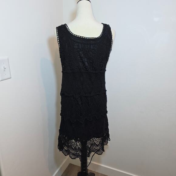 Women's Black Cotton Crochet Dress Sleeveless Lined Size L Handkerchief Boho - Picture 4 of 7